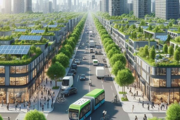Ciudad de emisiones cero , con vehículos eléctricos, árboles rodeando las carreteras y cubierta vegetal en los edificios.