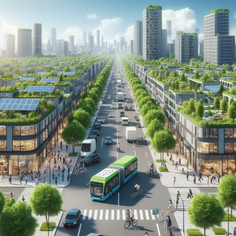Ciudad de emisiones cero , con vehículos eléctricos, árboles rodeando las carreteras y cubierta vegetal en los edificios.