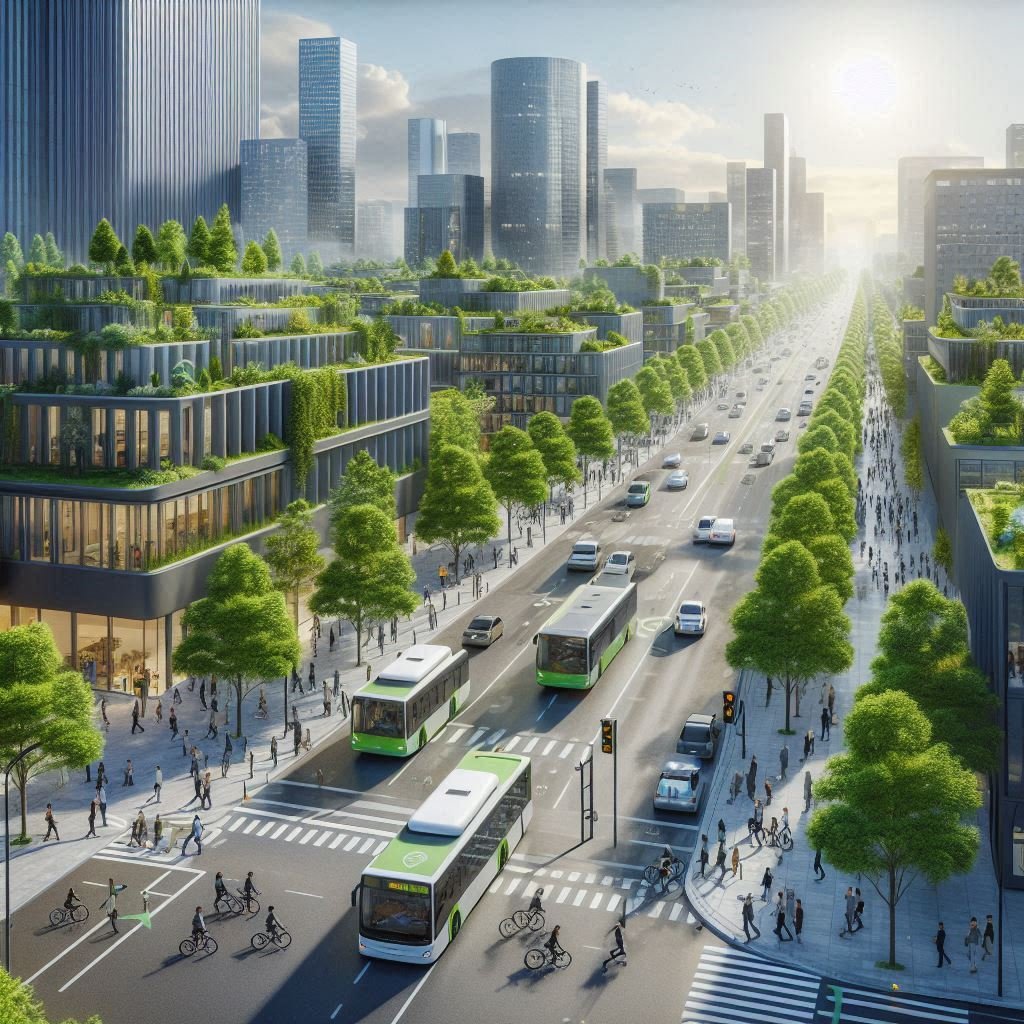 ciudad con cero emisiones de carbono, carretera rodeada de árboles cubierta vegetal en los edificios, paseos amplios.