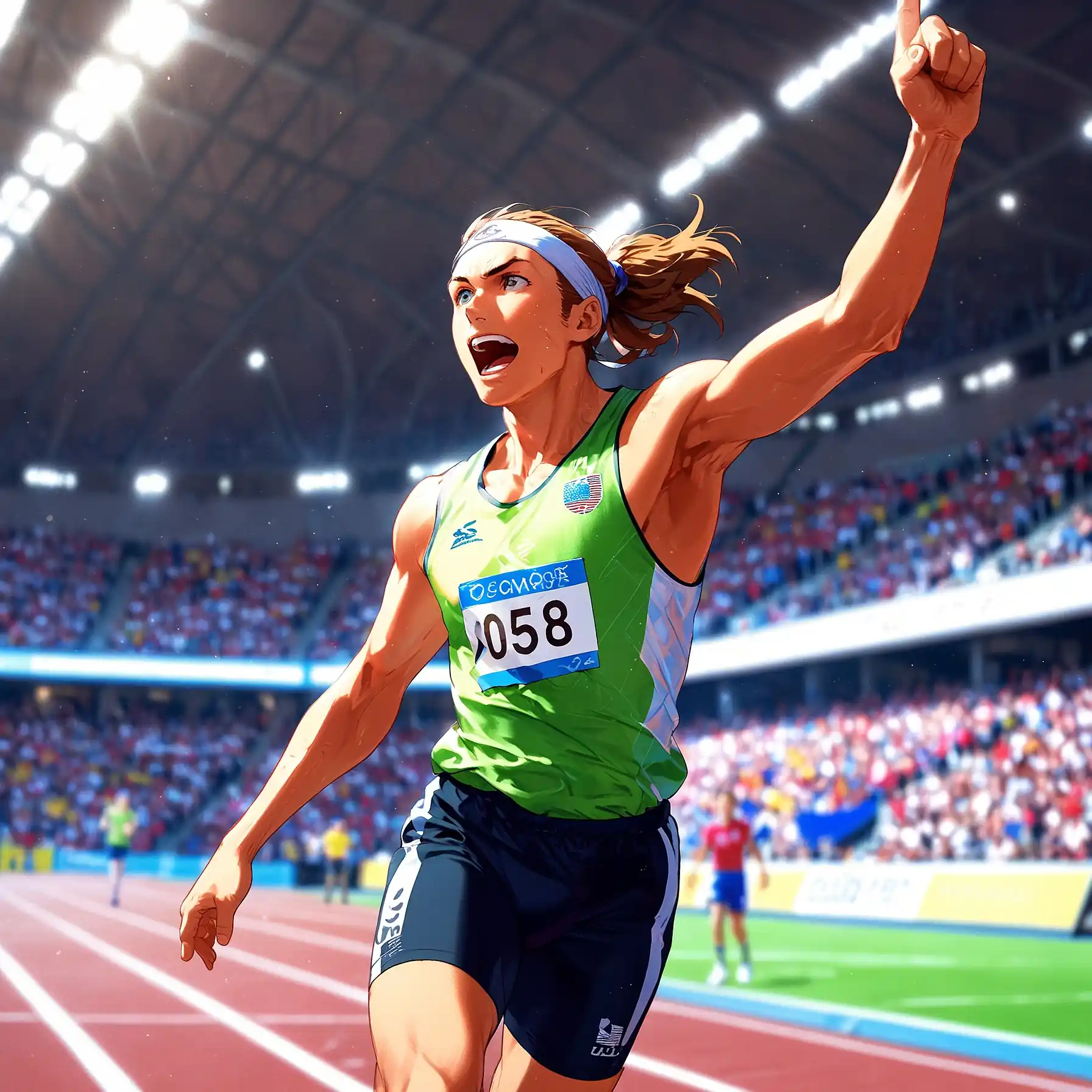Atleta alzando el brazo izquierdo victorioso con una sonrisa satisfactoria.