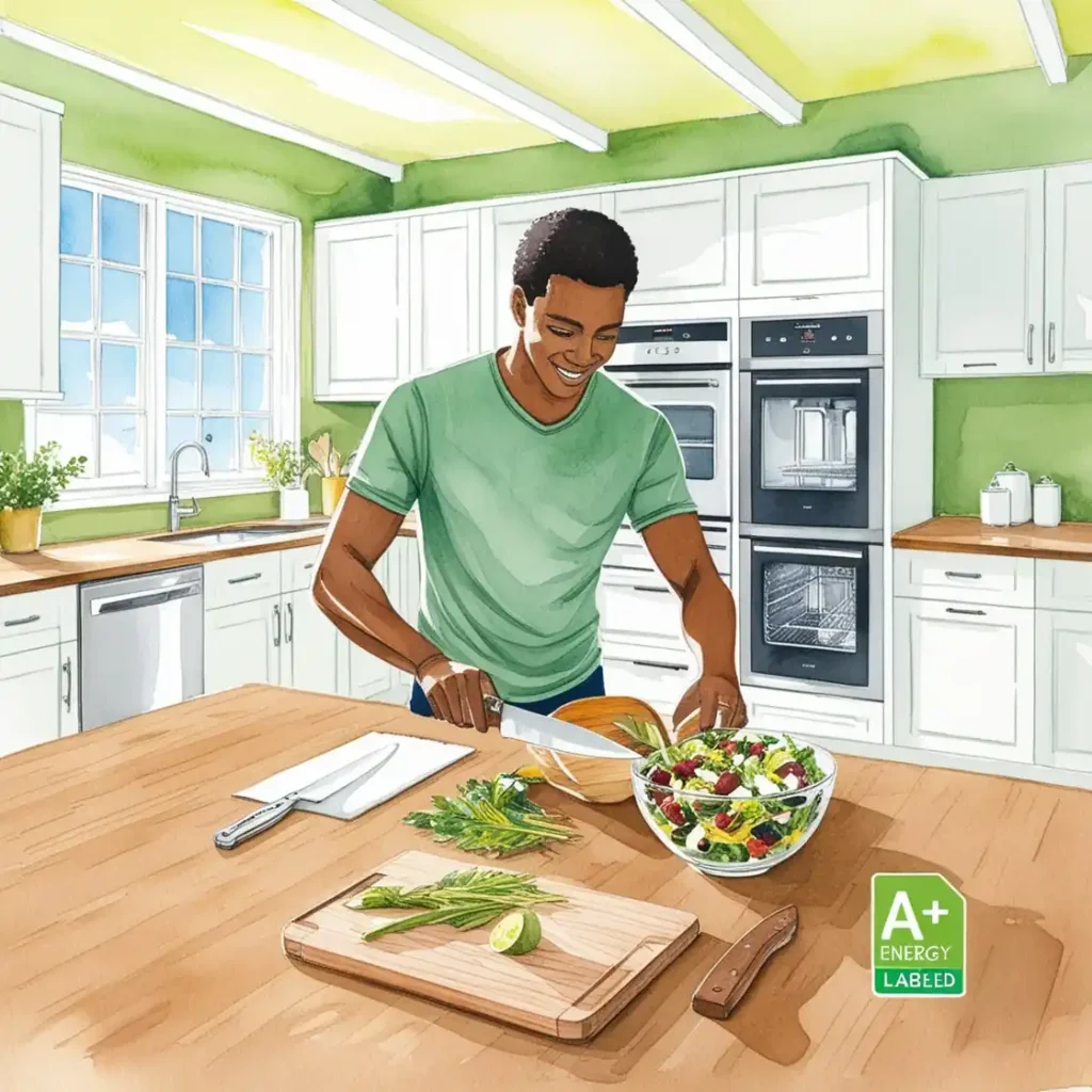 Hombre cortando verduras sonriendo. Etiqueta eficiencia energética A+,