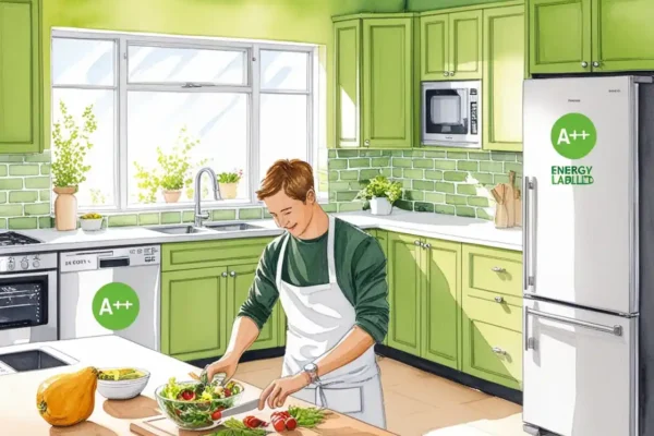 Hombre cocinando. Electrodomésticos con una etiqueta energética de la Unión Europea con la clasificación A+, lo que indica un alto nivel de eficiencia energética