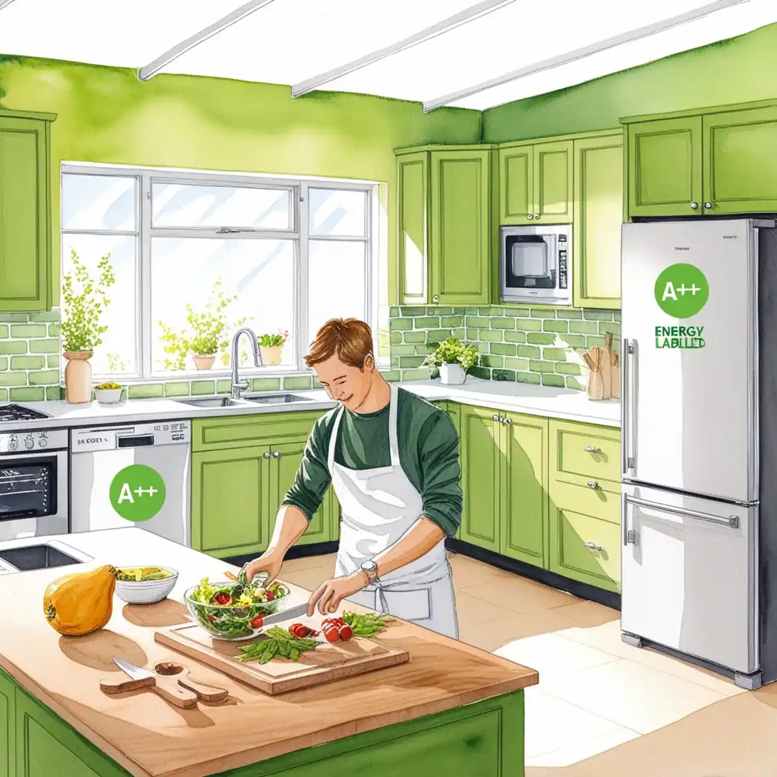 Hombre cocinando. Electrodomésticos con una etiqueta energética de la Unión Europea con la clasificación A+, lo que indica un alto nivel de eficiencia energética