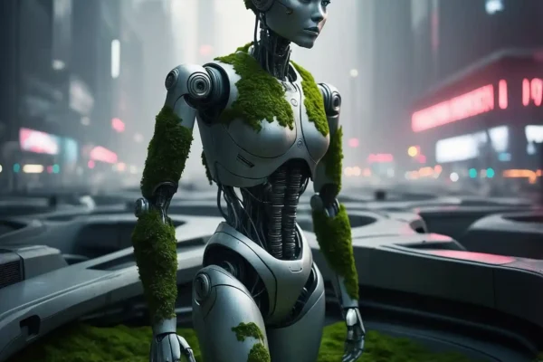 Androide cubierto de musgo en entorno urbano.