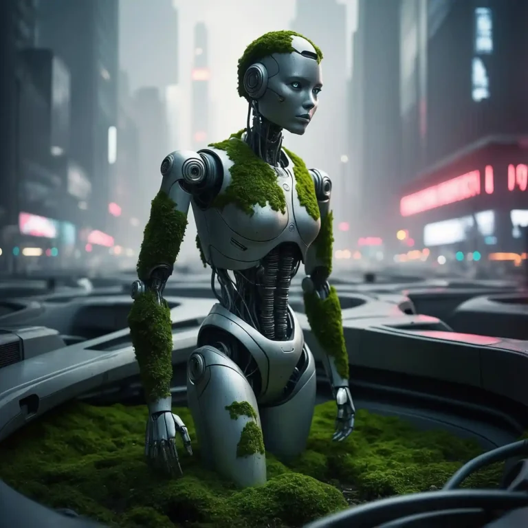 Androide cubierto de musgo en entorno urbano.
