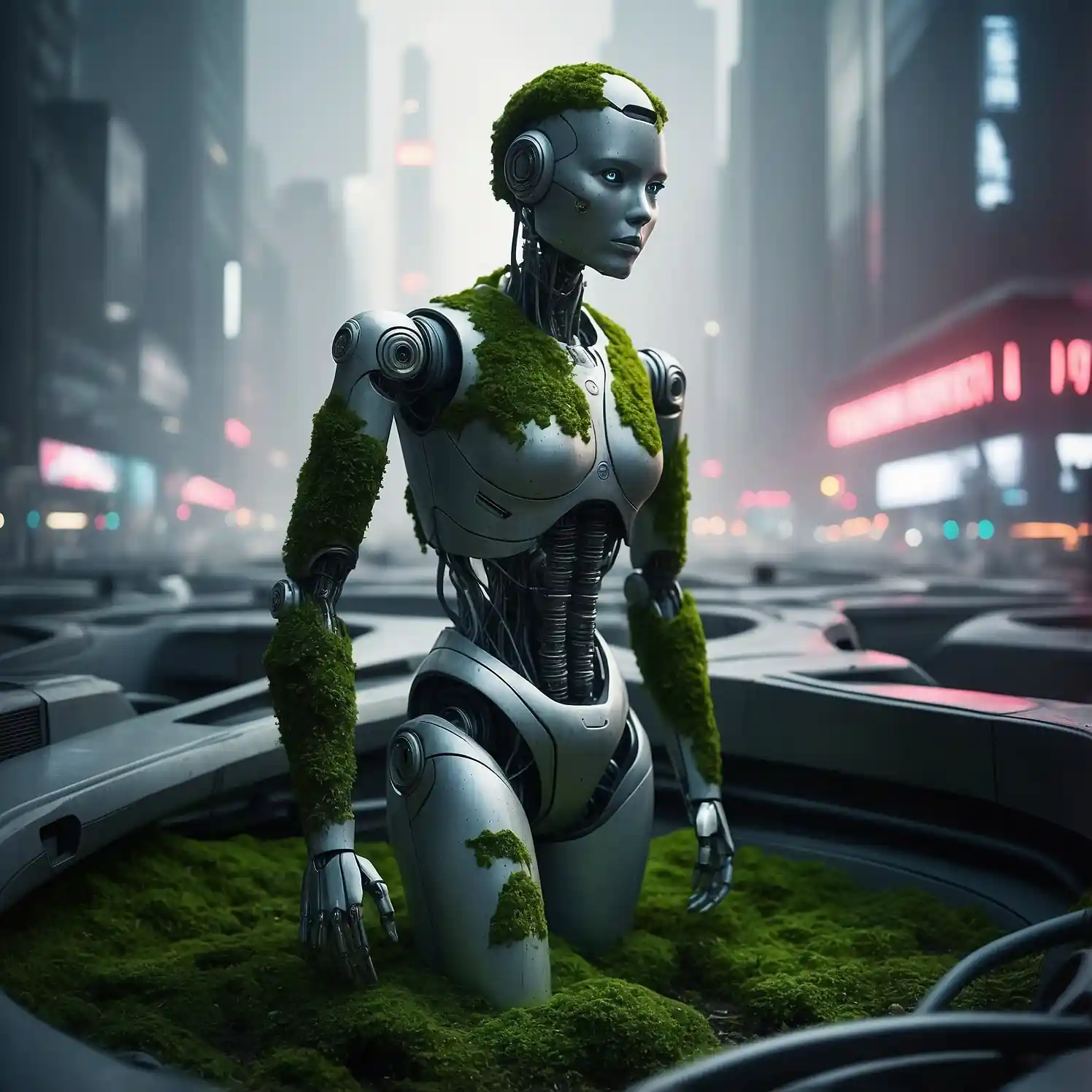 Androide cubierto de musgo en entorno urbano.