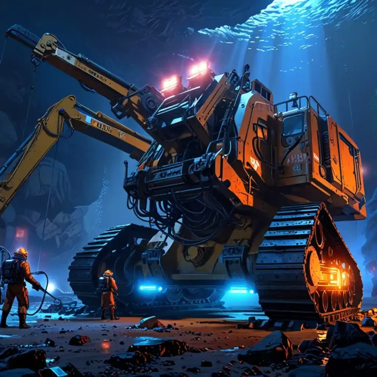 Máqioma excavadpra submarina, persona con traje de buceo y escafandra a la izquierda de la máquina.