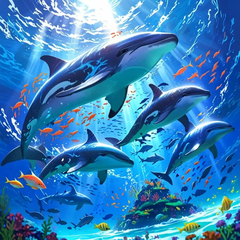 Ballenas y delfines animales marinos estilo anime.