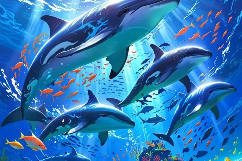 Ballenas y delfines animales marinos estilo anime.