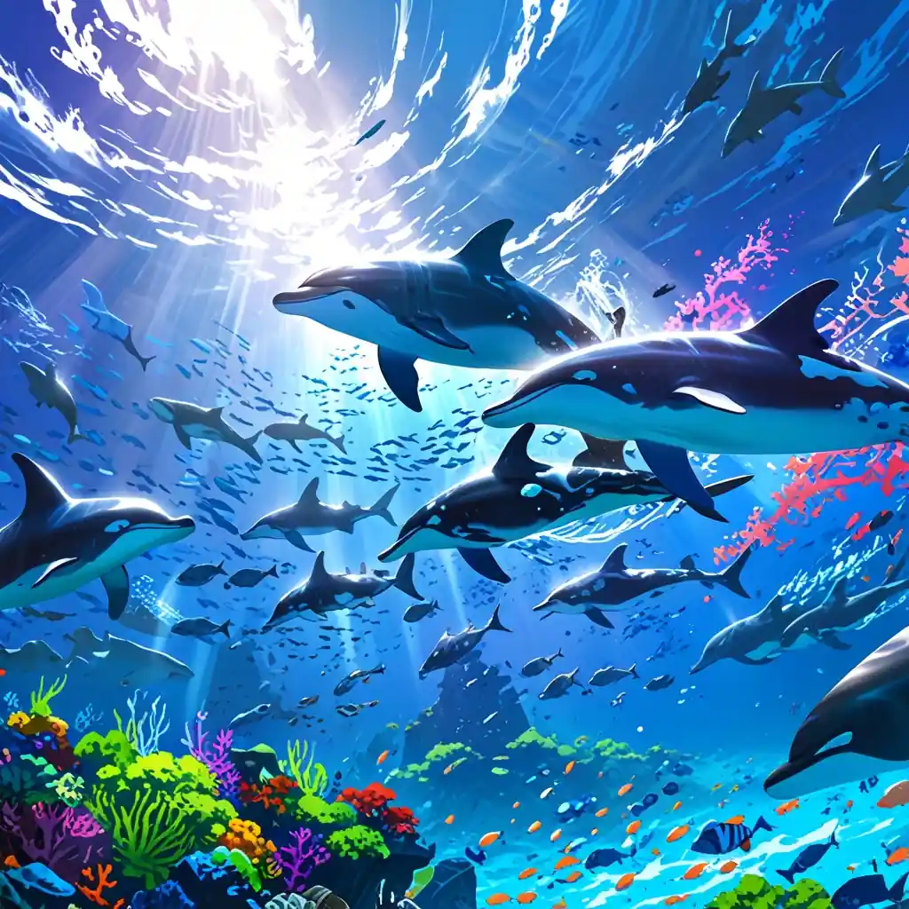Delfines, marsopas criaturas marinas estilo anime.
