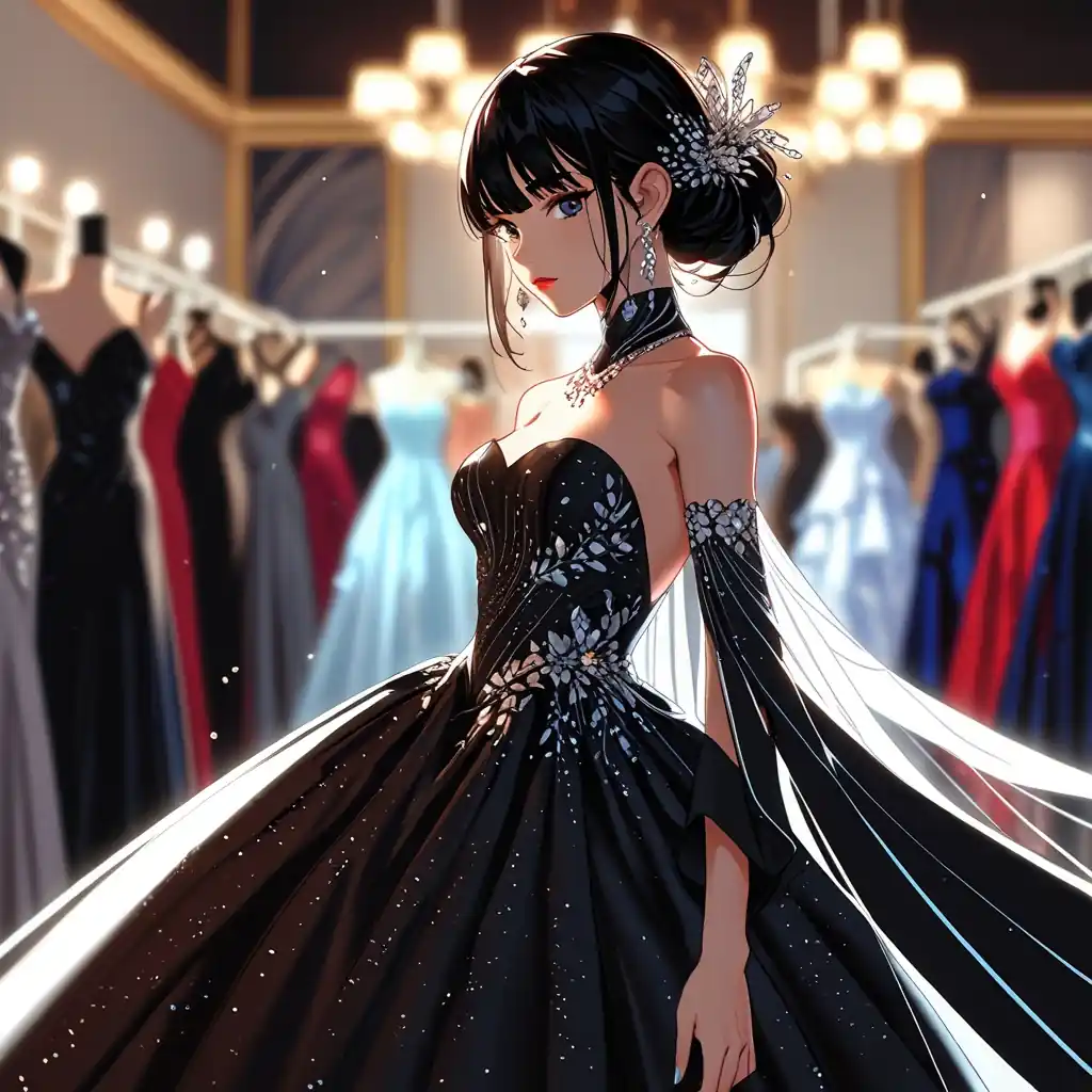 Mujer morena con vestido largo estilo anime ecodiseño.