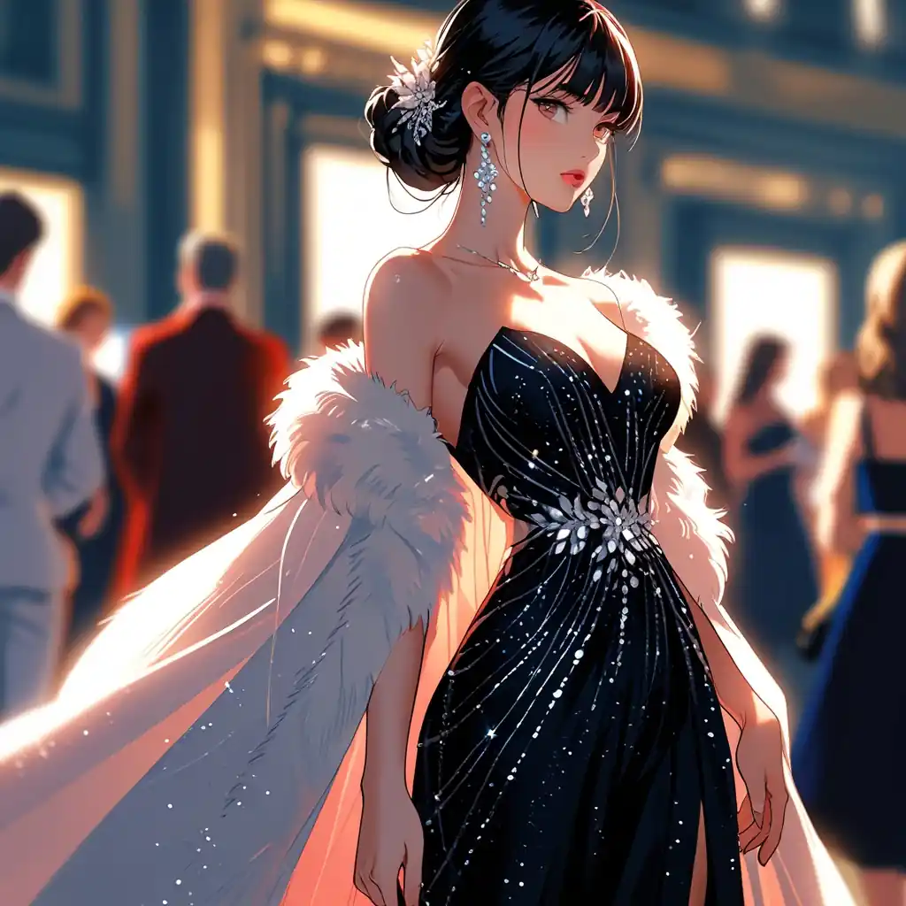 Mujer con vestido largo negro estilo anime.