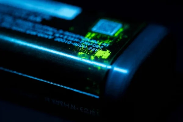 La imagen muestra una batería de iones de litio agotada, iluminada por una luz fluorescente brillante que resalta su superficie en un contraste dramático. La textura de la batería se revela en detalle, mostrando las marcas de desgaste y la oxidación. La luz fluorescente crea un efecto surrealista, transformando la batería en un objeto misterioso y fascinante.