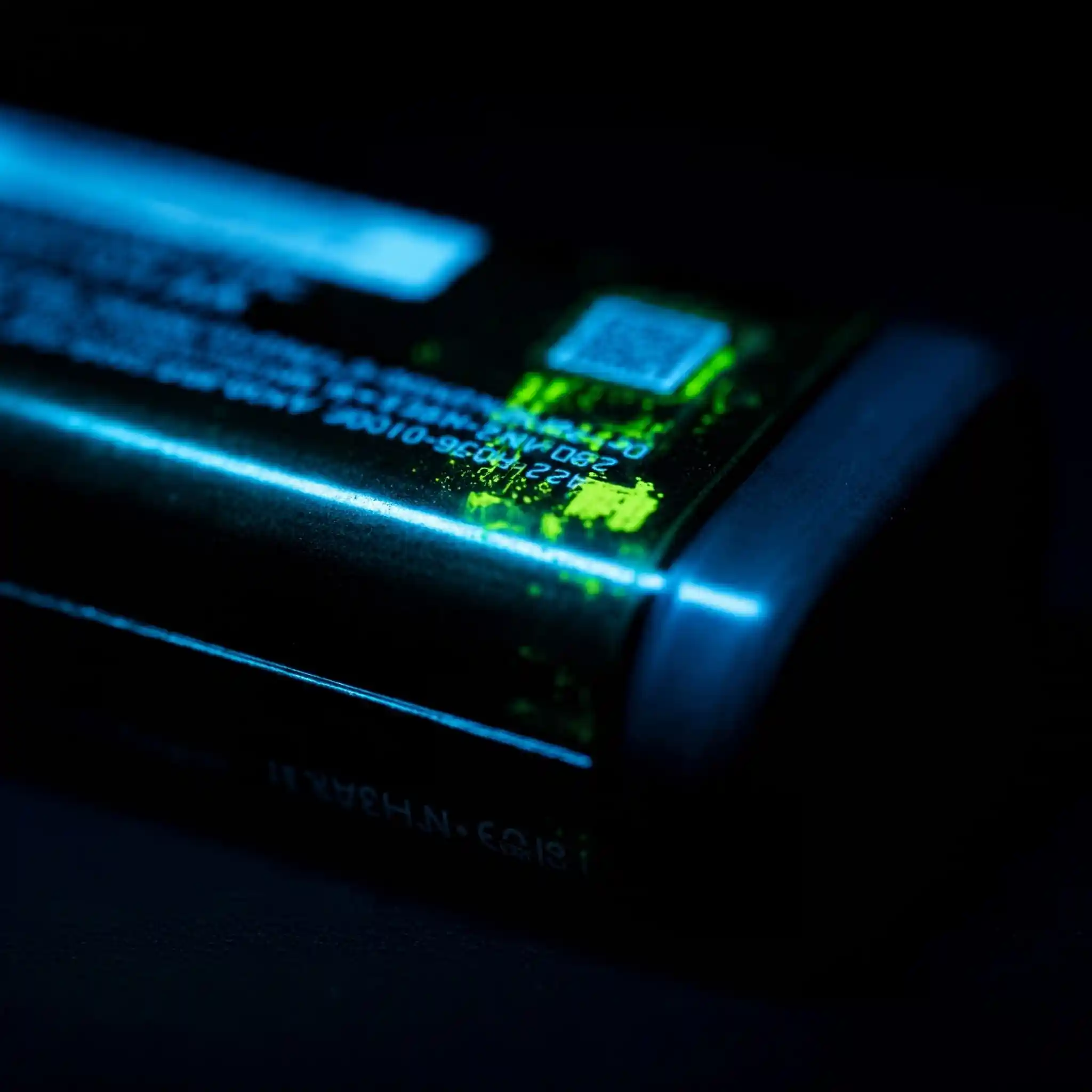 La imagen muestra una batería de iones de litio agotada, iluminada por una luz fluorescente brillante que resalta su superficie en un contraste dramático. La textura de la batería se revela en detalle, mostrando las marcas de desgaste y la oxidación. La luz fluorescente crea un efecto surrealista, transformando la batería en un objeto misterioso y fascinante.