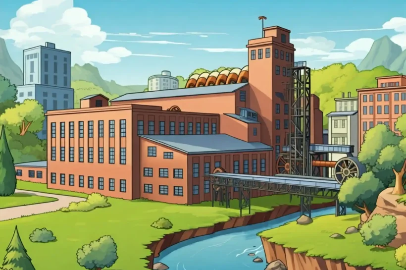 Una fábrica de papel de dibujos animados con chimeneas humeantes se encuentra a orillas de un río sinuoso. El paisaje circundante es verde y exuberante, con colinas y edificios en la distancia.