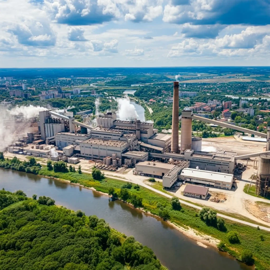 Una fábrica de papel estilo fotorrealista con chimeneas humeantes se encuentra a orillas de un río sinuoso. El paisaje circundante es verde y exuberante, con colinas y edificios en la distancia.

