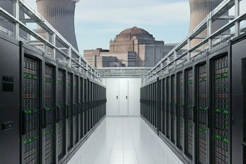 La imagen muestra un gran centro de datos moderno con filas de servidores y sistemas de refrigeración. En el fondo se puede ver una central nuclear. Reactor nuclear modular para IA nuclear Google