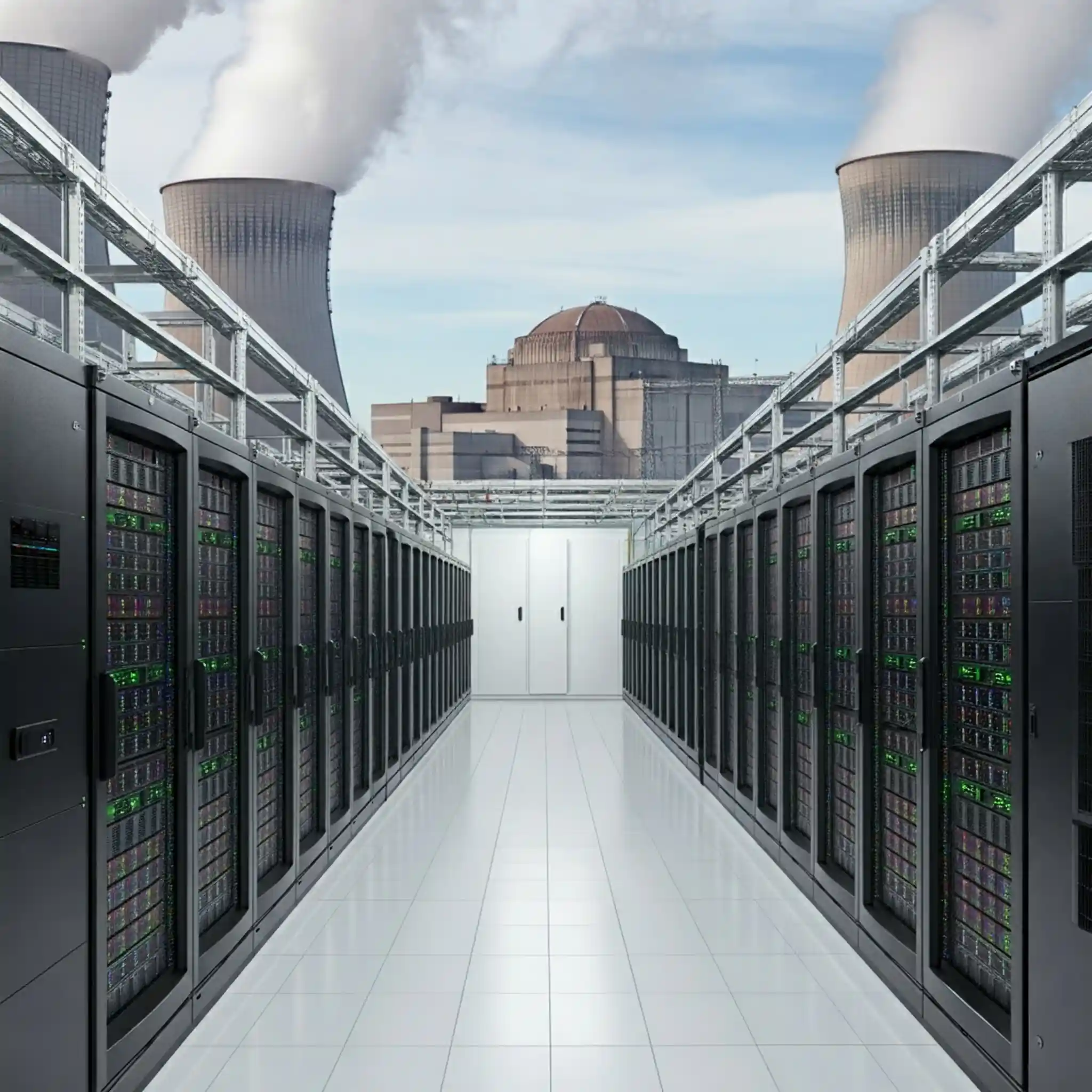 La imagen muestra un gran centro de datos moderno con filas de servidores y sistemas de refrigeración. En el fondo se puede ver una central nuclear. Reactor nuclear modular para IA nuclear Google