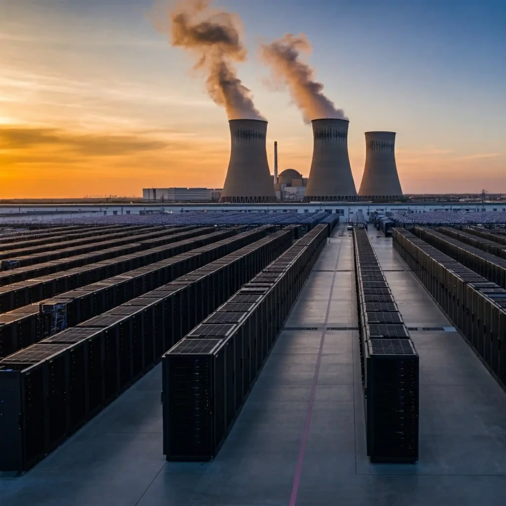 La imagen muestra un gran centro de datos moderno con filas de servidores y sistemas de refrigeración. En el fondo se puede ver una central nuclear.