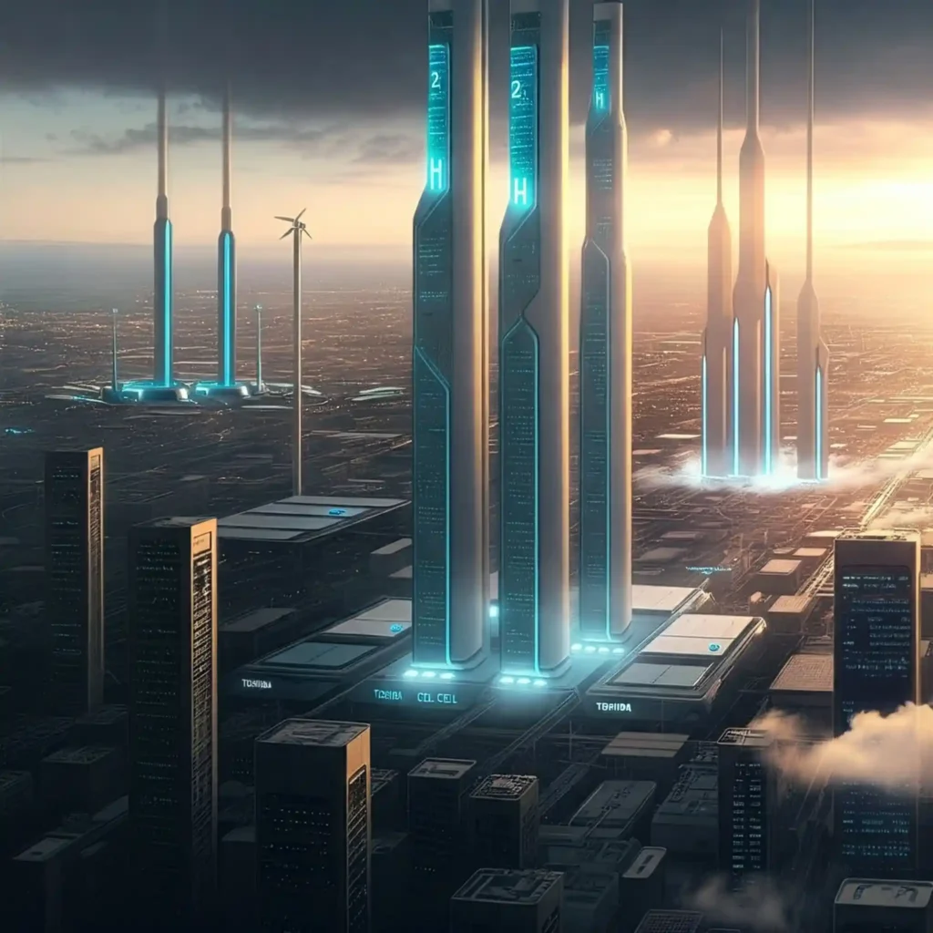 rascacielos futuristas con luces de neón azules, representa la pila de hidrógeno de Toshiba.