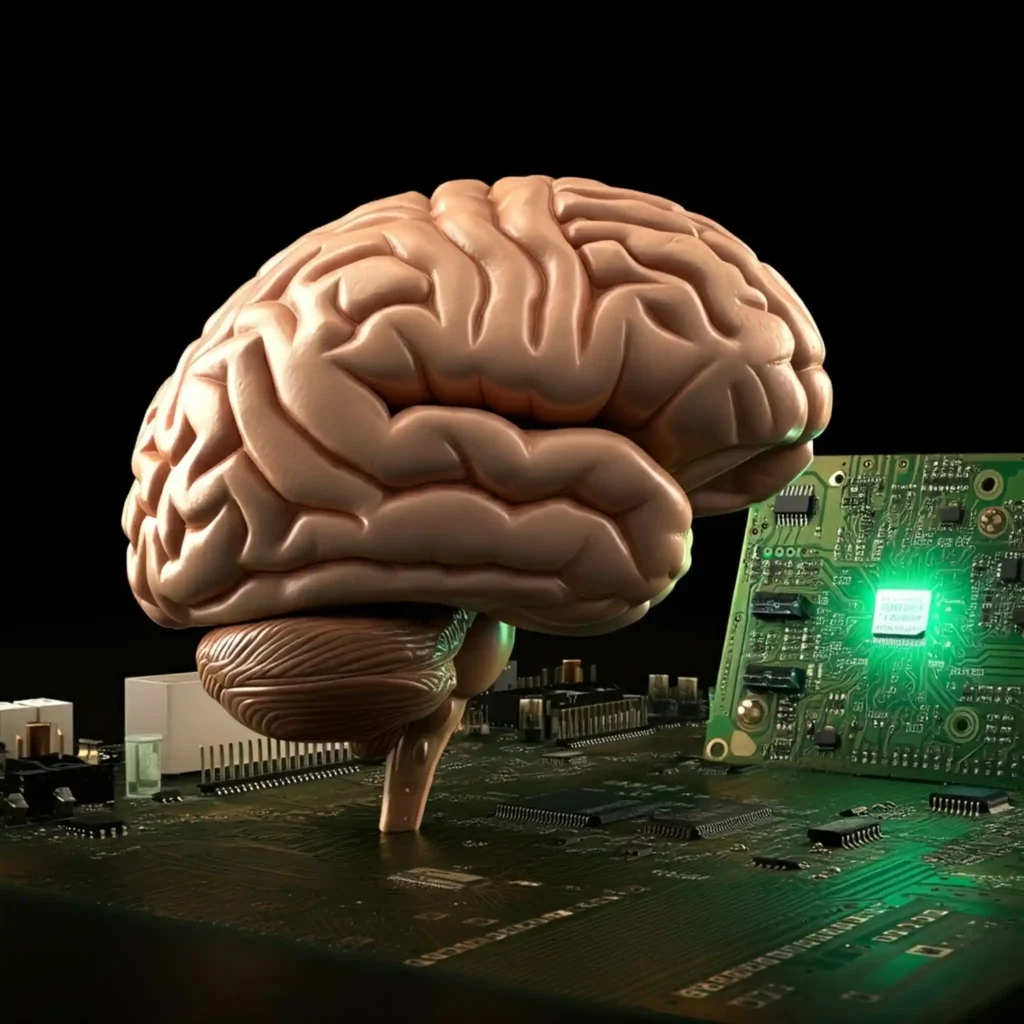 Representación visual del razonamiento artificial: cerebro humano y circuito electrónico
