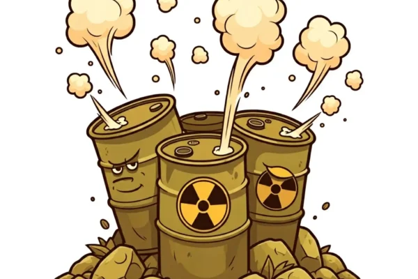 Residuos nucleares: el desafío de la energía atómica Imagen de estilo dibujos animados con fondo blanco de unos barriles de residuos nucleares.