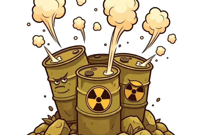 Imagen de estilo dibujos animados con fondo blanco de unos barriles de residuos nucleares.