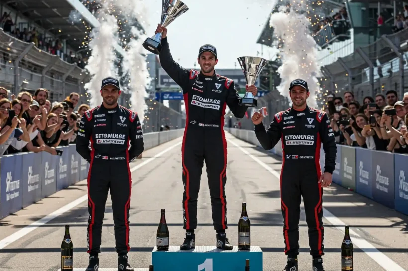 Imagen donde tres hombres con mono de competición de carreras de la fórmula E, están celebrando la final subidos en el podio.