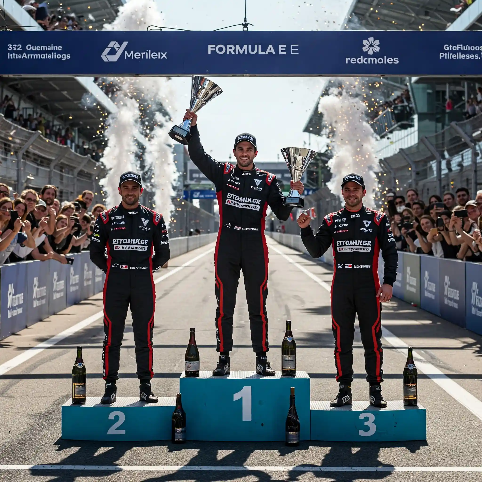 Imagen donde tres hombres con mono de competición de carreras de la fórmula E, están celebrando la final subidos en el podio.