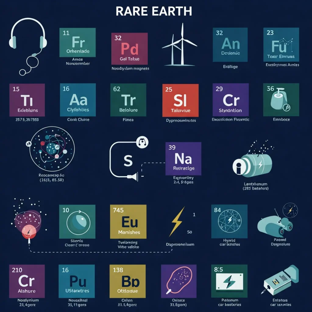 La imagen muestra un infográfico sobre las tierras raras y sus usos. Está organizado en tres secciones:
Izquierda: Una lista de los 17 elementos de tierras raras, con sus símbolos químicos y números atómicos. Los elementos están agrupados por color según su clasificación:
Lantánidos: Lantano (La), Cerio (Ce), Praseodimio (Pr), Neodimio (Nd), Prometio (Pm), Samario (Sm), Europio (Eu), Gadolinio (Gd), Terbio (Tb), Disprosio (Dy), Holmio (Ho), Erbio (Er), Tulio (Tm), Iterbio (Yb) y Lutecio (Lu).
Escandio (Sc) e Itrio (Y): Aunque no son lantánidos, se agrupan con ellos por sus propiedades similares.
Centro: Una ilustración de un teléfono inteligente que representa las diversas aplicaciones de las tierras raras en la electrónica, como pantallas, baterías y circuitos.
Derecha: Ejemplos de otros usos de las tierras raras en diferentes campos:
Energía: Turbinas eólicas y baterías de vehículos eléctricos.
Medicina: Resonancia magnética y láseres.
Industria: Catalizadores y aleaciones.
Medio ambiente: Control de la contaminación.
En general, la imagen destaca la importancia de las tierras raras en una amplia gama de aplicaciones tecnológicas y su papel crucial en la vida moderna.