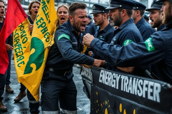 Manifestantes de Greenpeace enfrentándose a trabajadores de Energy transfer.