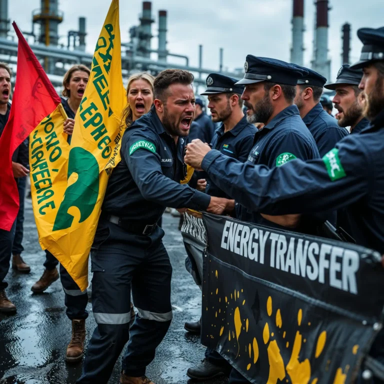 Manifestantes de Greenpeace enfrentándose a trabajadores de Energy transfer.
