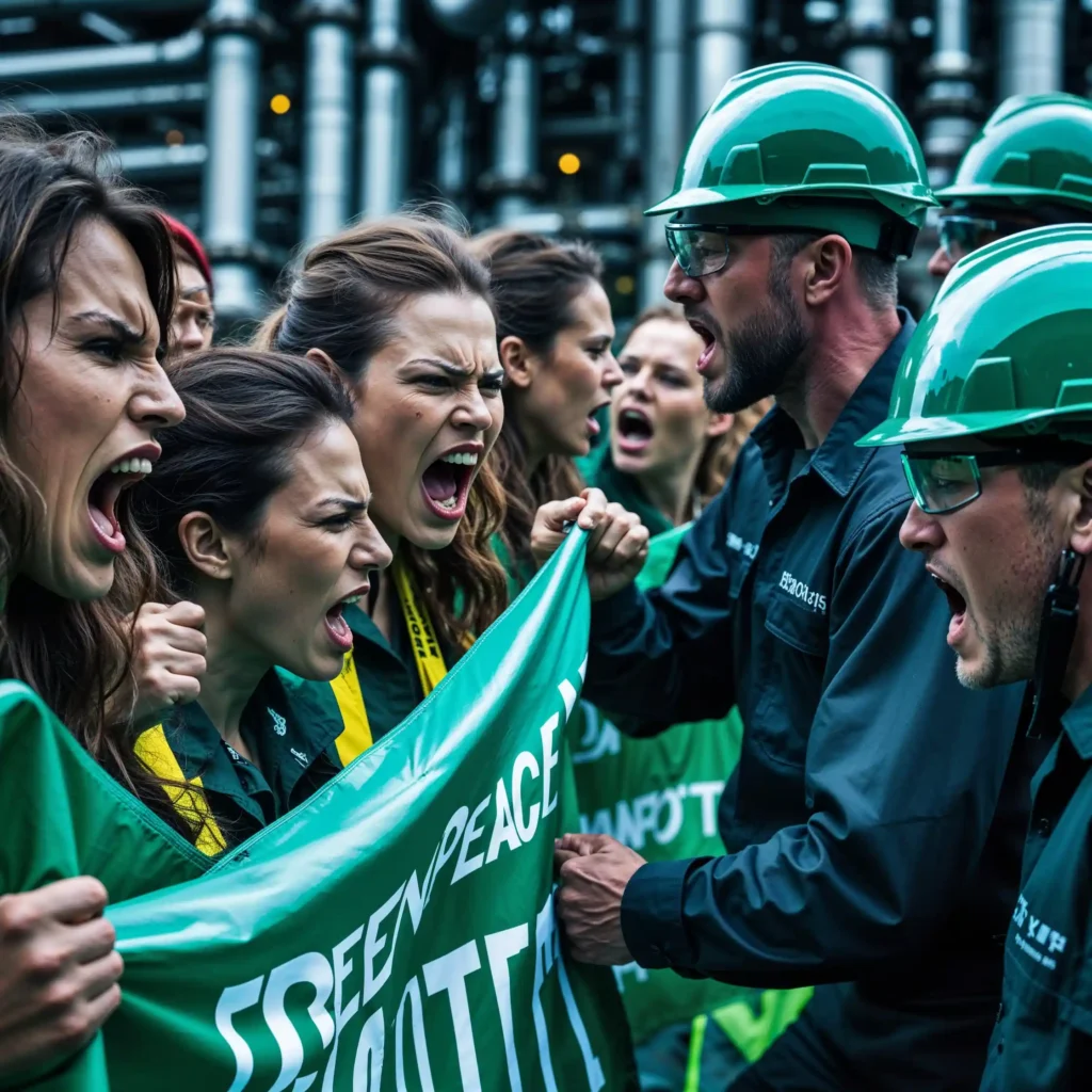 Activistas de Greenpeace enfrentándose a trabajadores de Energy Transfer.