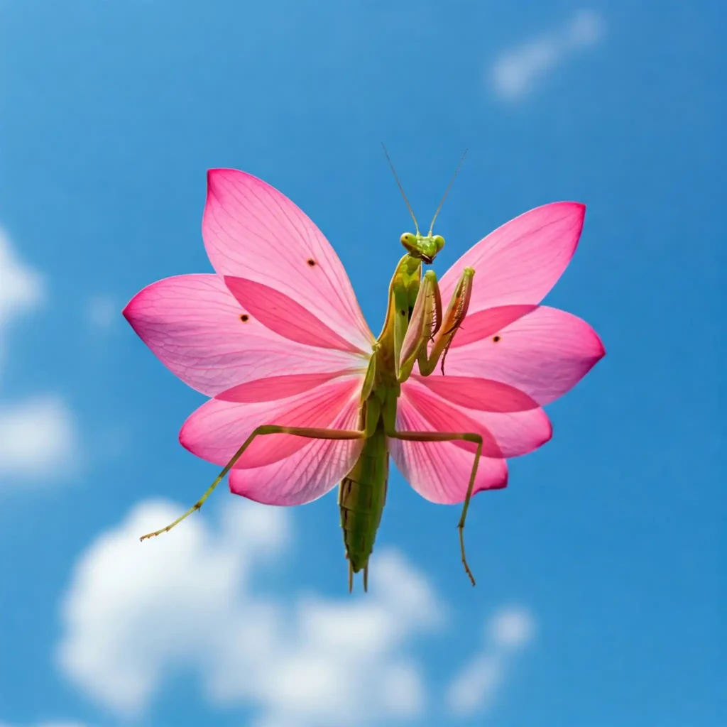 Loto Mantis flor de loto rosa, fondo desenfocado.