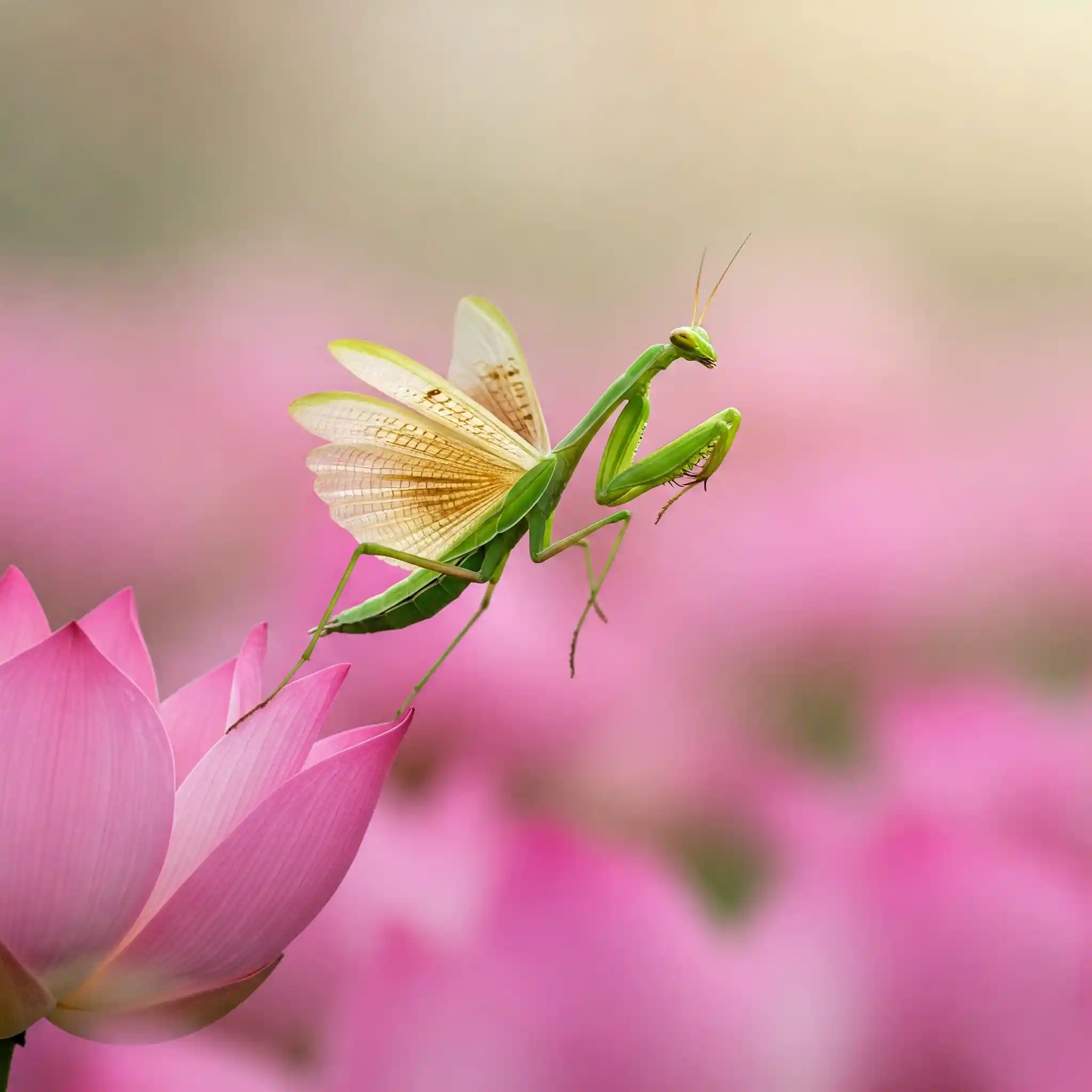 Loto Mantis flor de loto rosa, fondo desenfocado.