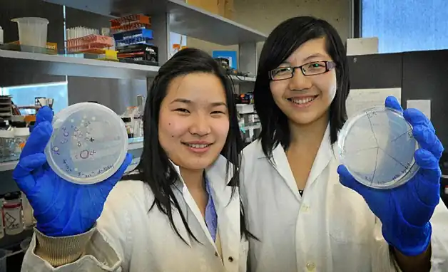 Miranda Wang izquierda Jeanny Yao derecha en un laboratorio Novoloop reciclaje plástico