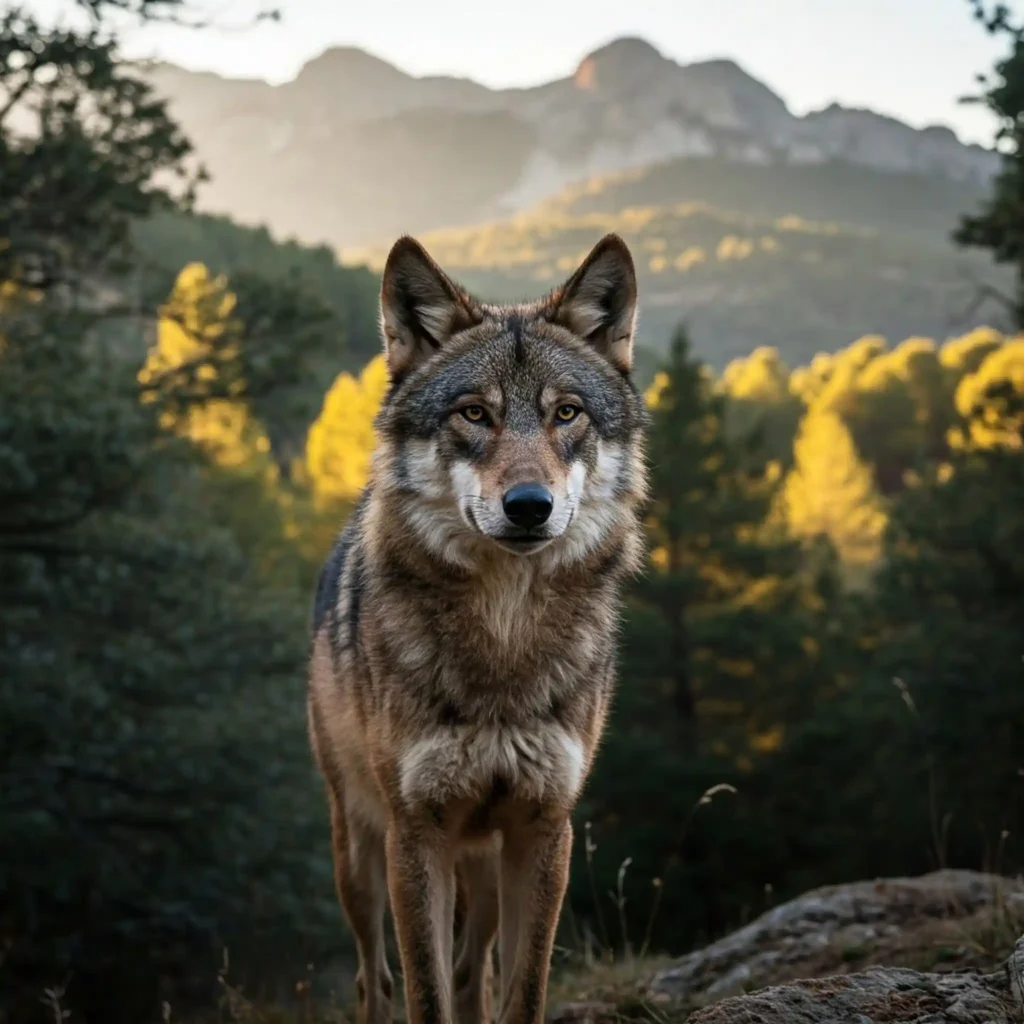 lobo ibérico en entorno de bosque.