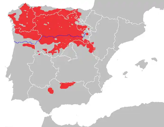 Distribución del lobo ibérico en la península ibérica.