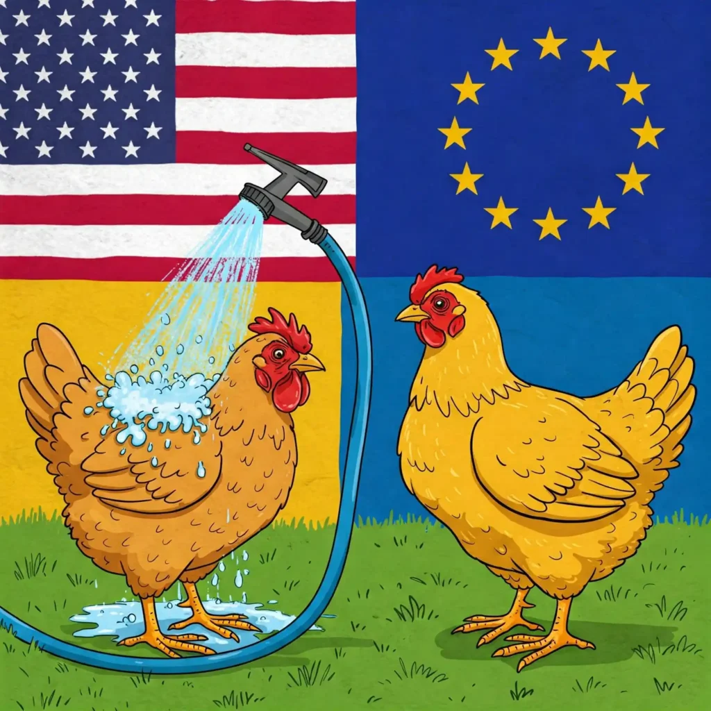 Imagen de dos pollos uno rociado con cloro. con las banderas de EEUU y la UE