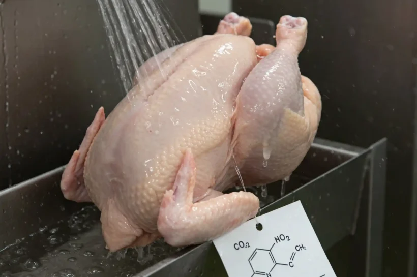 Pollo siendo lavado.