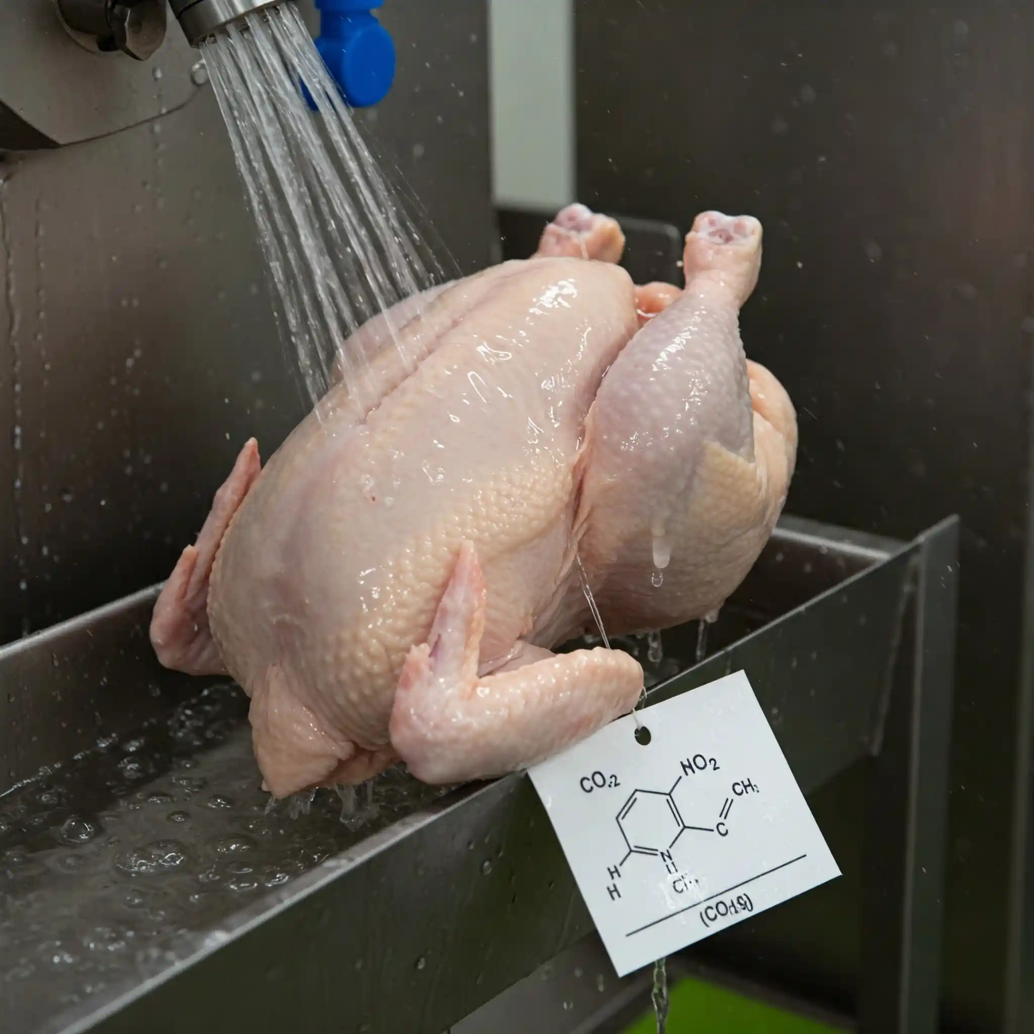 Pollo siendo lavado.