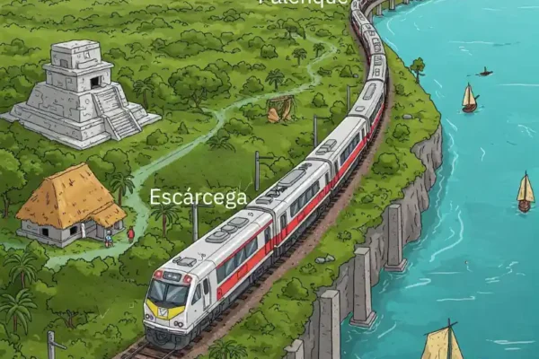 Tren Maya circulando por una zona costera. imagen estilo anime