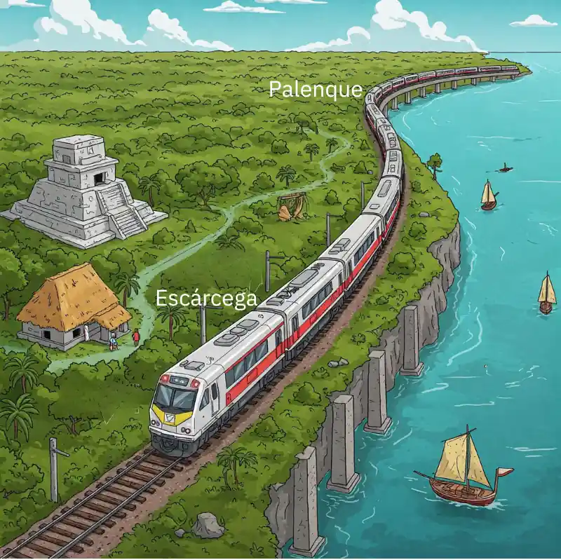 Tren Maya circulando por una zona costera. imagen estilo anime