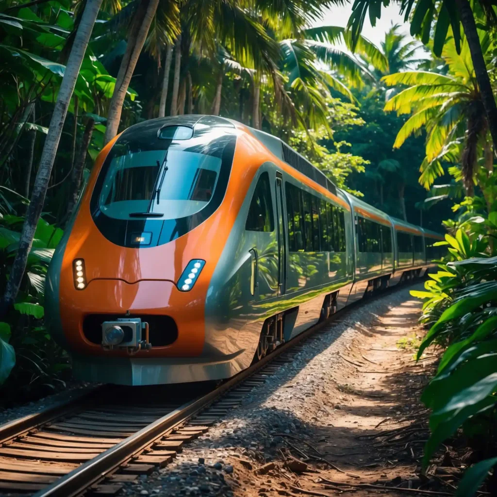 Tren Maya moderno viajando entre la espesura de la selva.