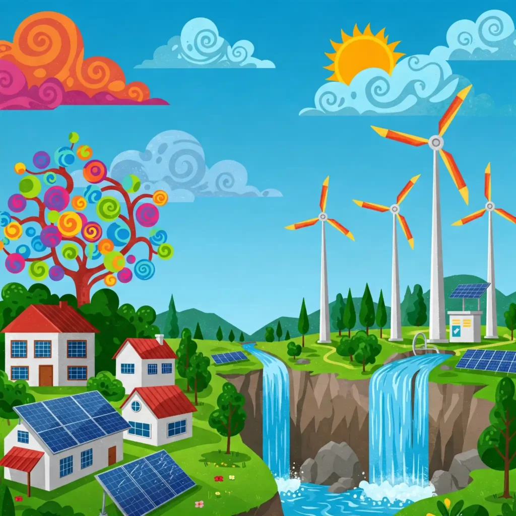 Paisaje estilo cartoon con cielo despejado molinos eólicos, paneles solares sobre tejados de casas. 5 razones para pasarnos a la energía 100% renovable.