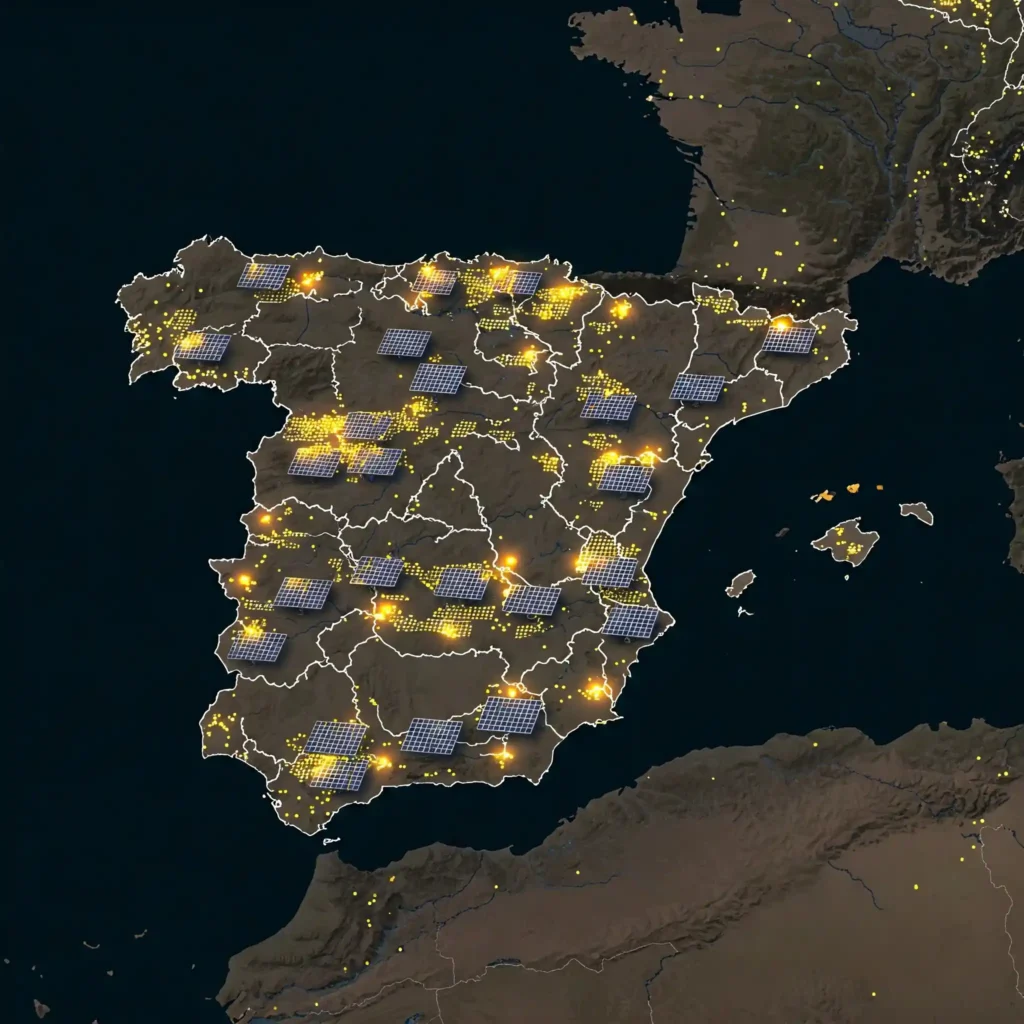 Mapa de España con paneles fotovoltaicos alcanzando record.