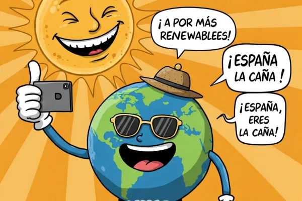 Planeta Tierra estilo cartoon haciendo un selfie con el Sol, sonriendo por el record generación fotovoltaica
