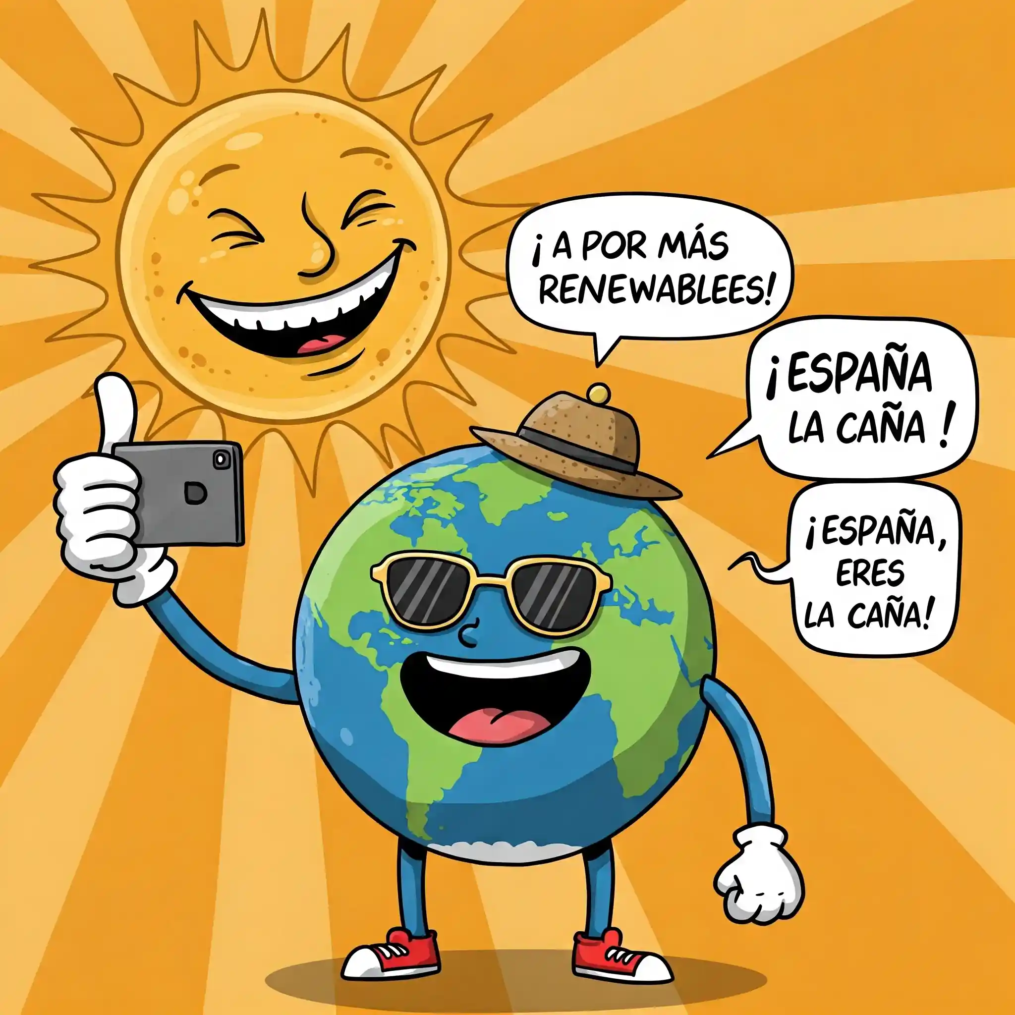 Planeta Tierra estilo cartoon haciendo un selfie con el Sol, sonriendo por el record generación fotovoltaica