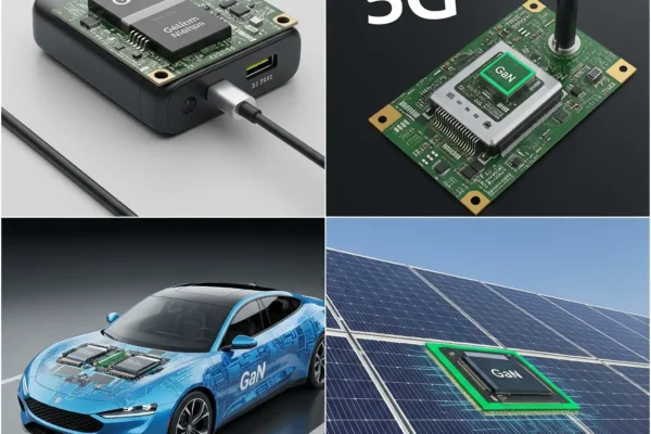 Nitruro de Galio (GaN): El Nuevo Rey de los Semiconductores (¡Más Pequeño, Más Rápido, Más Verde!) Cuadrícula con 4 imágenes de aplicaciónes con el GaN, vehículo eléctrico, 5G, paneles solares.