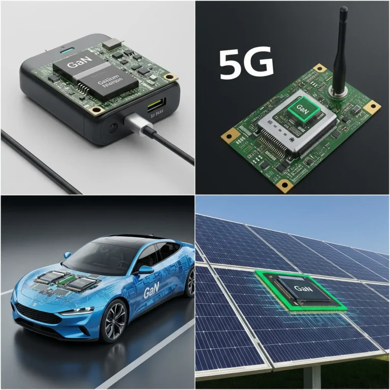 Cuadrícula con 4 imágenes de aplicaciónes con el GaN, vehículo eléctrico, 5G, paneles solares.